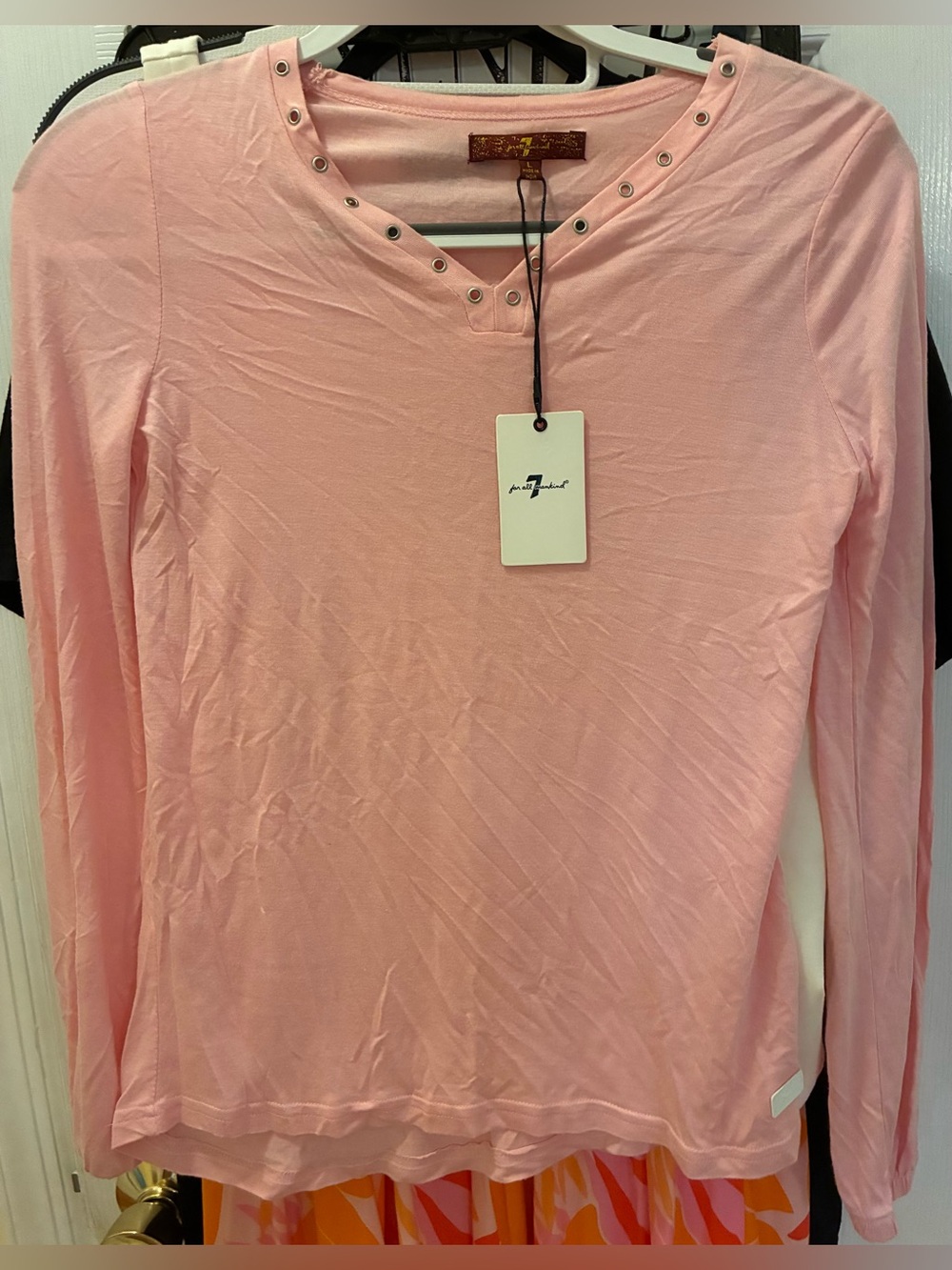 7 For All Mankind Light Pink Long Sleeve V-Neck Tee with Grommets